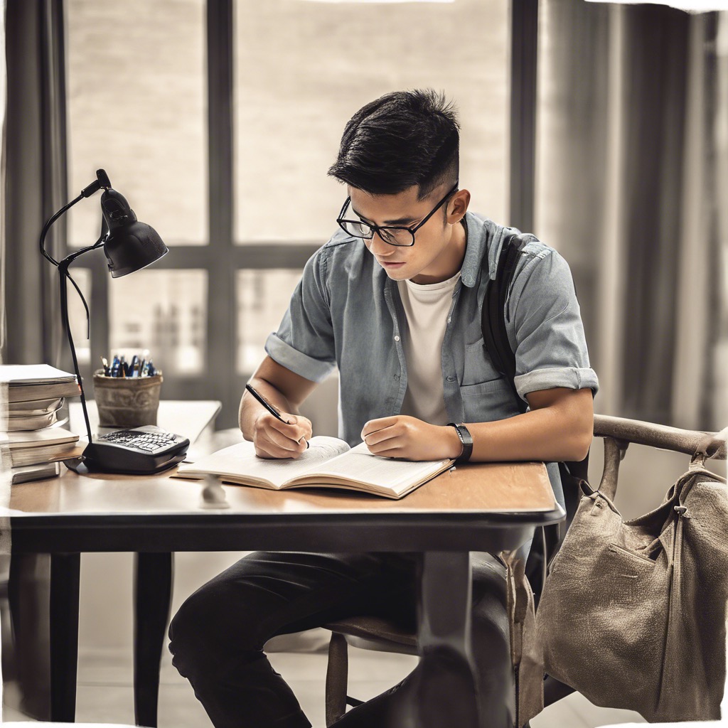 man sitting at a desk, writing in notebook