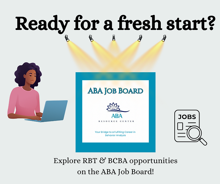 Person at laptop with "Ready for a fresh start?" text above. Spotlights highlight "ABA Job Board." Job search icons below.