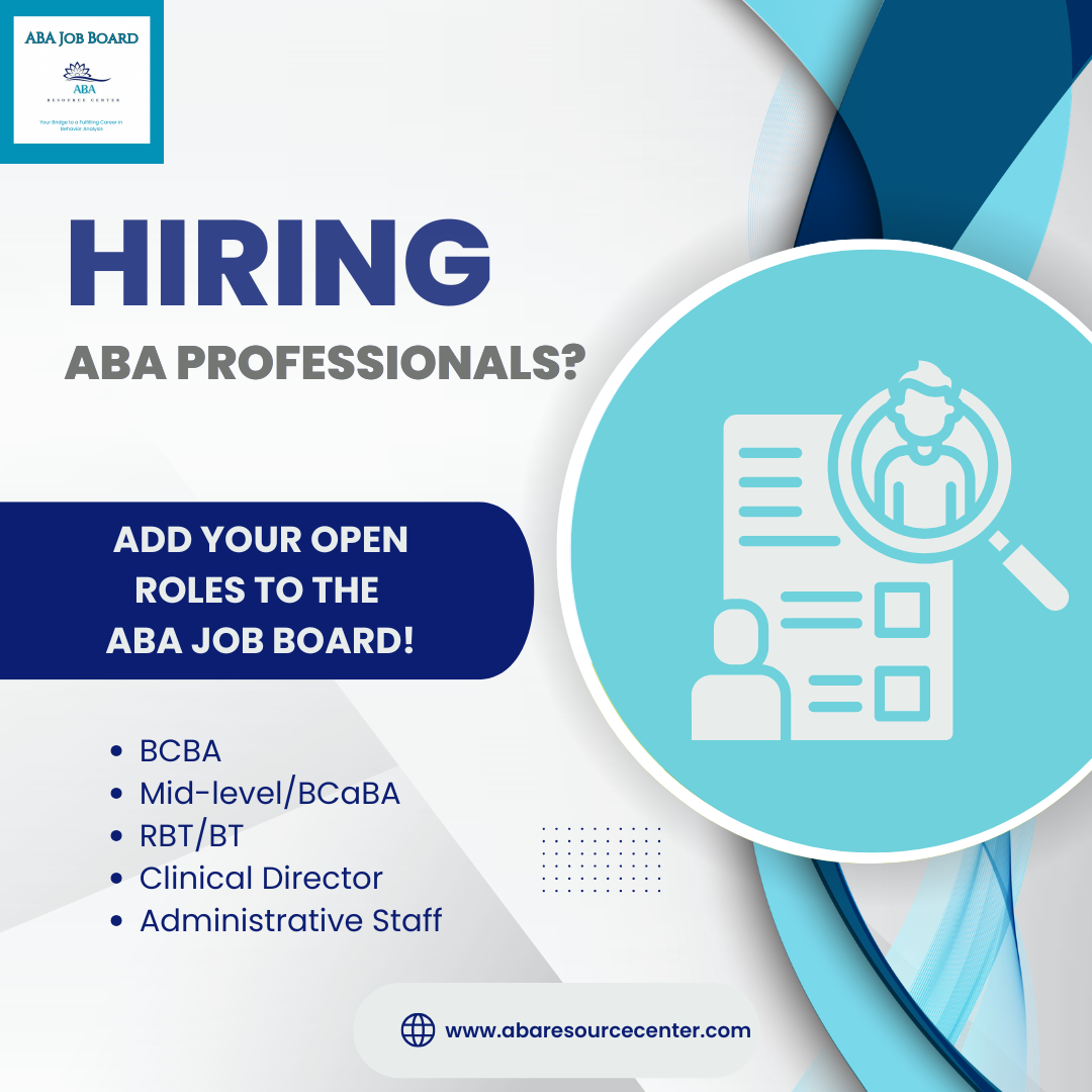 Hiring ABA professionals poster with document-search icon and text: Add your open roles to the ABA Job Board; lists BCBA, RBT, more.